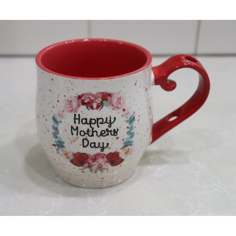 Happy Mothers Day Floral Ceramic Coffee Mug Red Speckled Handle Stirrer Hole